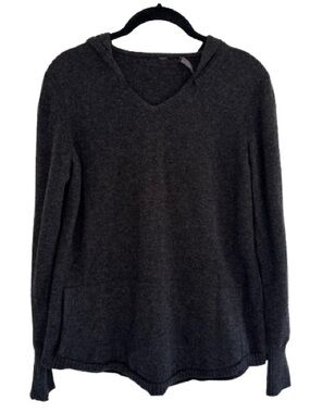 QOR Extrafine Merino Wool Cashmere Hooded Sweater Dark Grey V Neck Minimal Cozy